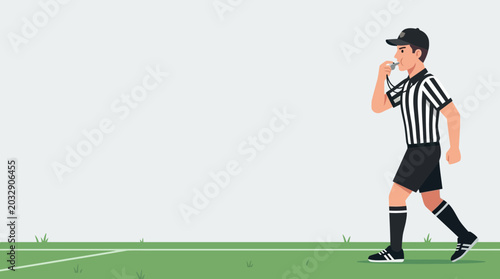 Quadro su tela A professional sports referee blowing a whistle while walking on a field