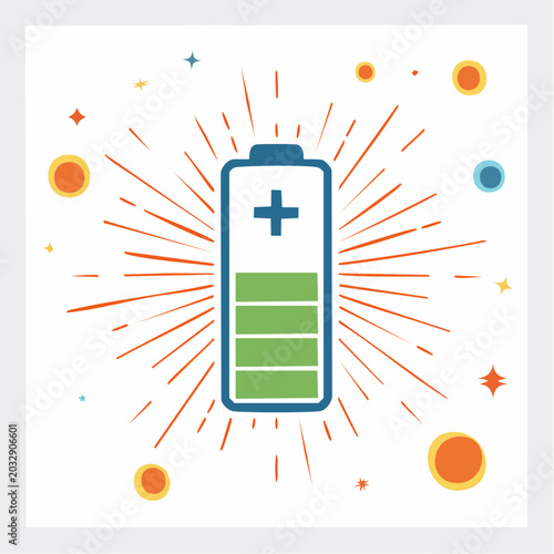 Battery Icon with Energy Burst and Stars