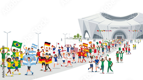 Diverse group of international soccer fans walking towards a large stadium.