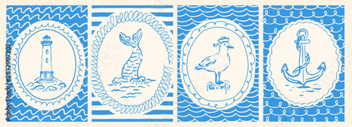 Sea, nautical illustrations set. Summer naive wall art. Waves, seagull, mermaid tail, anchor, lighthouse. Handdrawn cute style. Design for card, poster, stamp.