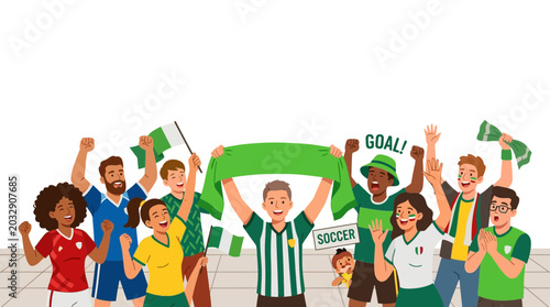 A diverse group of enthusiastic soccer fans cheering and celebrating a goal together.