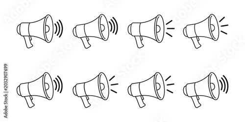Photos Megaphone icon set representing communication, announcement, and amplification i