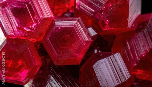 Translucent hexagonal deep red cinnabar crystal cluster displaying distinctive growth lines from Hunan Province China