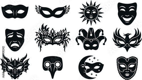 Tableau sur toile Collection of black carnival masks silhouettes including Venetian masquerade jes