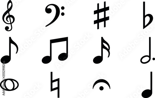 Fotografie Collection of black music notes and notation symbols including treble clef bass