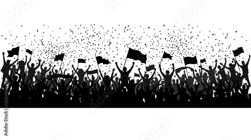 A large crowd of cheering people in silhouette celebrating with flags and confetti.