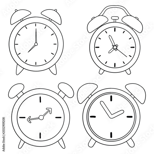 фотографія Hand-drawn doodle set of alarm clocks on a white background.