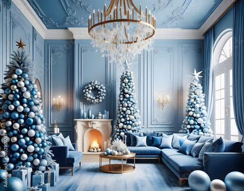 Elegant blue-silvery Christmas interior with tree, fireplace, and luxurious furniture