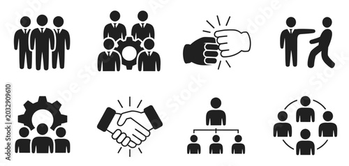 Business teamwork solid icon set featuring corporate staff collaboration gear management fist bump dismissal handshake hierarchy and circular network structure