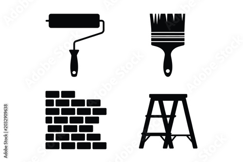 Schilderij op canvas Home renovation solid icon set featuring paint roller brush brick wall construct