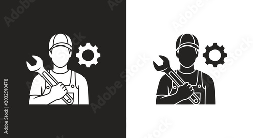 Minimalist Mechanic Glyph Vector Icon with Wrench and Gear Symbol in Black and White