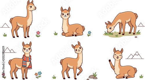 Tableau sur toile Set of cute cartoon alpaca and llama characters in various poses standing sittin