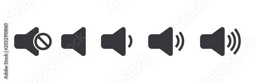 Isolated bundle set of volume control pictogram icons including silent, low, medium, and loud speaker sound levels representation concept