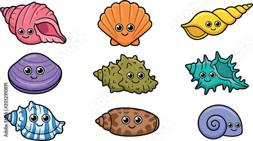 Photos Set of cute cartoon seashell characters with smiling faces including scallop con
