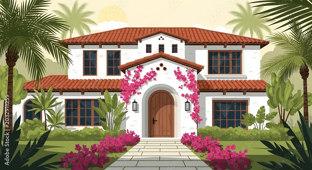 Fototapeta premium Luxury Mediterranean Style Villa with Red Tile Roof and Tropical Garden Architecture Illustration
