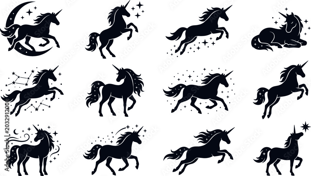 Obraz premium Vector collection of magical unicorn silhouettes featuring celestial stars crescent moon and constellations elements isolated on a clean white background