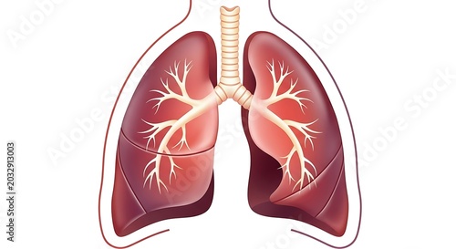Human lungs with bronchial tubes and blood vessels highlighted.