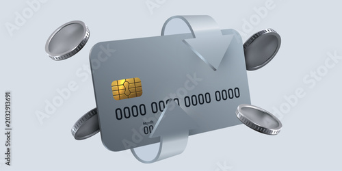 Canvas Print 3D render of a credit card with circulating silver coins for online payment concept