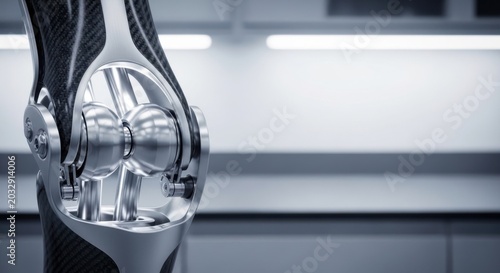 Closeup of a hightech prosthetic knee joint made of carbon fiber