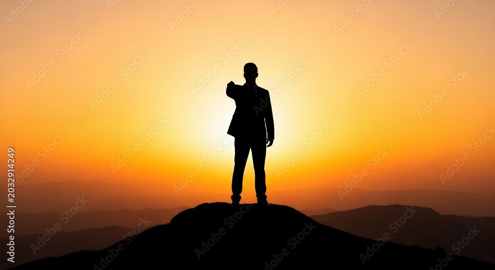 Fototapeta premium Silhouette of a businessperson standing on a hilltop with arm outstretched at sunset human figure man suit business attire