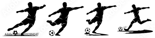 Photos soccer player kicking ball sequence showing different motion poses in black and