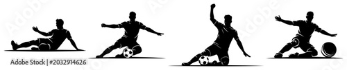 Фотография Football players sliding and tackling on pitch set black and white vector silhou