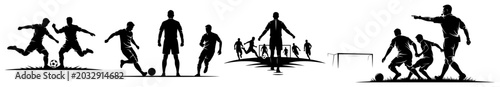Foto soccer match scenes set showing players dribbling passing and referee officiatin