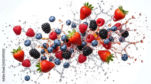 Vibrant splash of fresh mixed berries strawberries, blueberries, raspberries, and blackberries, frozen in dynamic motion with refreshing water droplets against a bright white backdrop