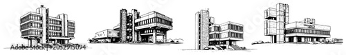 Photography brutalist concrete buildings set showing modern public library architecture in h