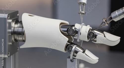Robotic hand prototype undergoing precision assembly by automated tools