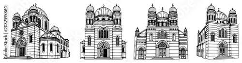 Foto Byzantine and Romanesque style cathedral buildings with rounded domes hand drawn