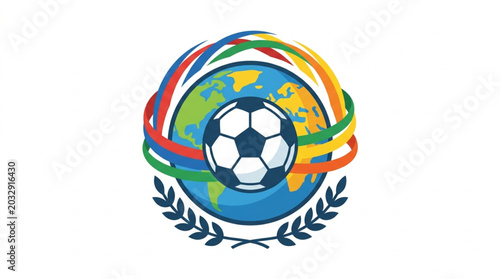 Fényképezés Global Soccer Ball Emblem with World Map and Laurel Wreath.