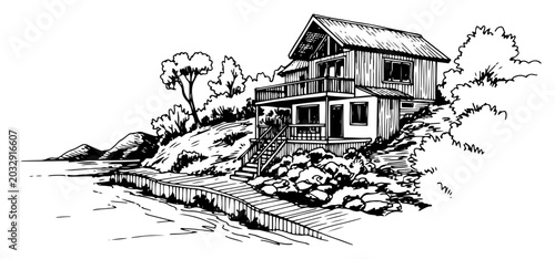 Obraz na płótnie Wooden lake house on a rocky hillside next to water hand drawn architectural ske
