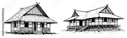 Photos Traditional Southeast Asian wooden stilt houses with thatched roofs hand drawn a