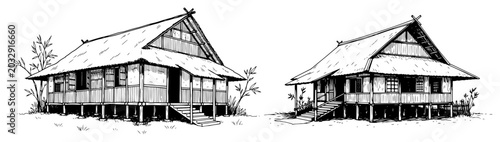 Photos Tropical wooden huts on stilts in traditional village style hand drawn architect