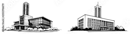 Foto modernist town hall buildings set with high towers in hand drawn sketch style
