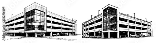 Foto multi story parking garage buildings set showing urban car park structures in ha