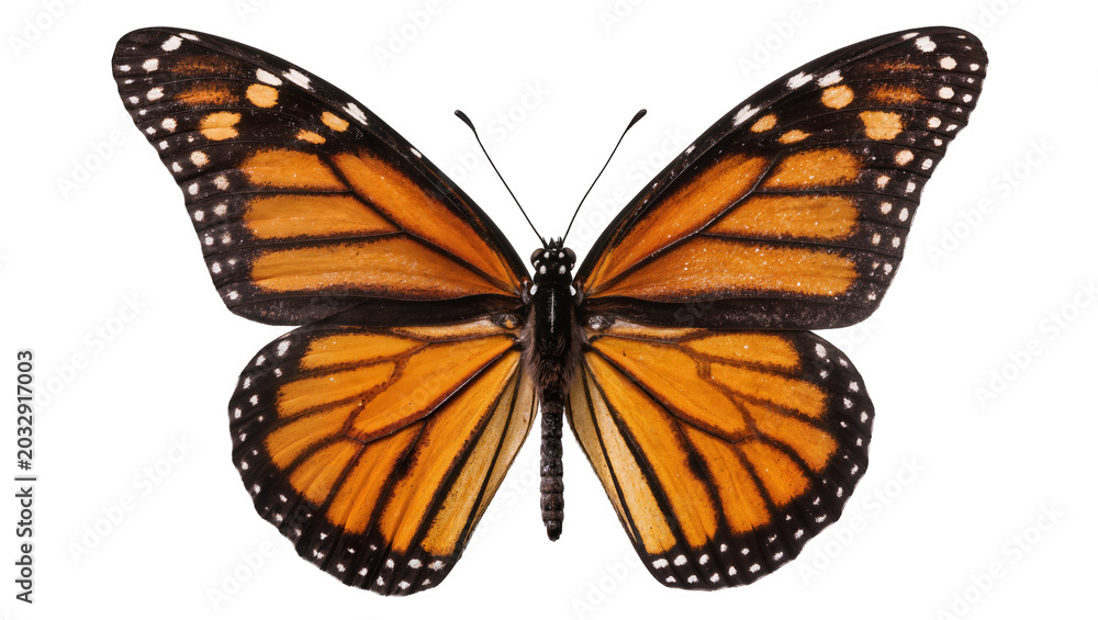Obraz premium Monarch butterfly with orange black, and white wings spread open