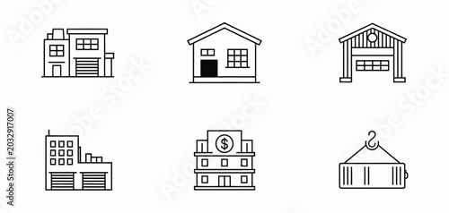 Foto Industrial warehouse building linear icon set featuring storage facilities distr