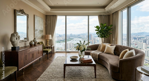 Luxury Hotel Suite Living Room with Panoramic Window and Sideboard