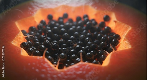 Macro close-up of a fresh cut papaya, showcasing vibrant orange flesh and shiny black seeds. Perfect for tropical food, nutrition, and wellness concepts.