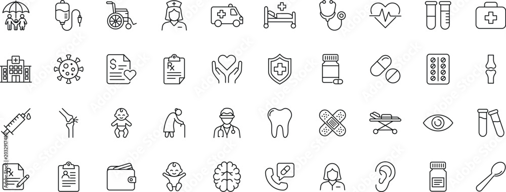 Fototapeta premium Medical Line Icon Set Healthcare Outline icons. Hospital Clinical Thin Stroke Pictograms including icons of nurse, brain, heart, tooth, stethoscope, pill, syringe and doctor. Editable stroke.