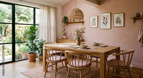 Contemporary Dining Space Featuring Pastel Pink Wall and Timber Set