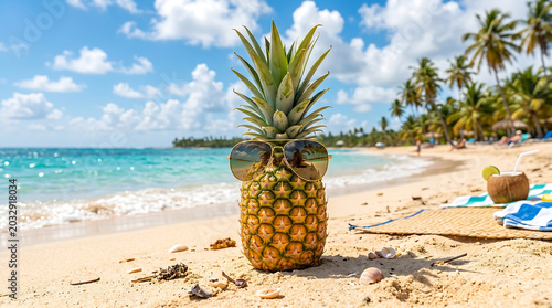 Tropical Pineapple wearing Sunglasses on a Sandy Beach with Ocean and Palm Trees in the Background