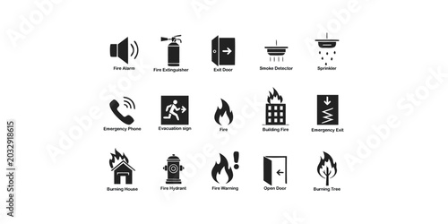 Fire Safety Icons Black Silhouette Set On White Background