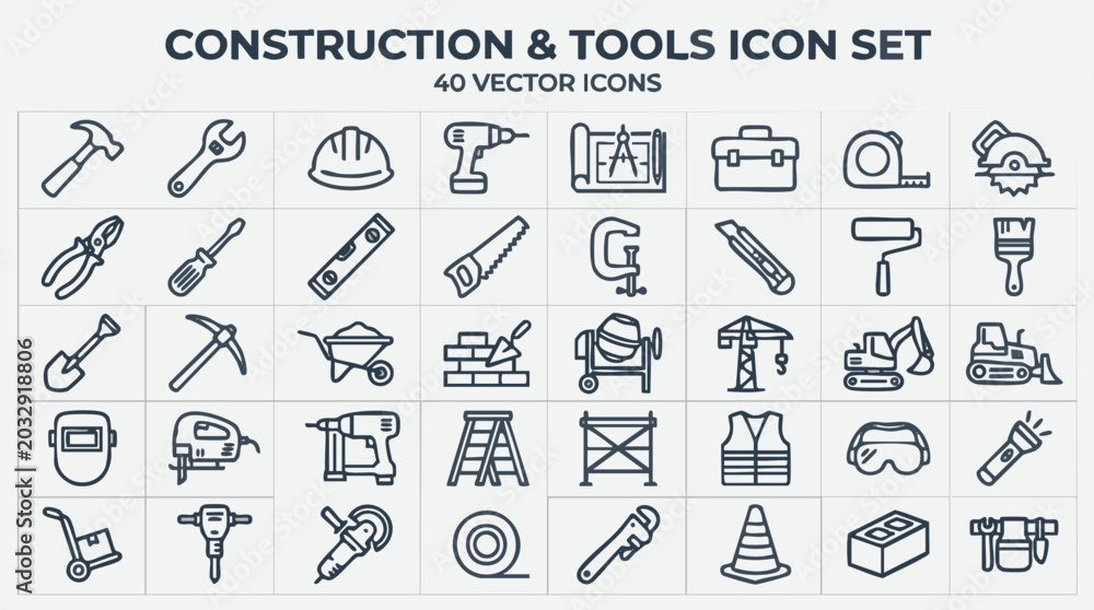 Fototapeta premium Forty Black Line Construction Tool Icons with Hammer Drill Saw and Excavator on White Background