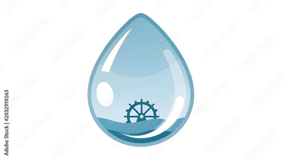 Obraz premium Modern Water Droplet Logo Design with Watermill Wheel Inside, Conceptual Hydroelectric Renewable Energy and Sustainability Symbol, Clean Eco Power Corporate Branding Flat Vector Graphic