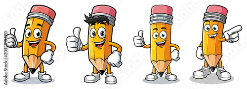 Yellow pencil cartoon characters showing thumbs up and pointing in funny school mascot style