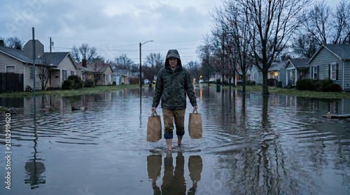 A man wearing a jacket wades through deep floodwater carrying paper bags inside a flooded neighborhood during a natural disaster.