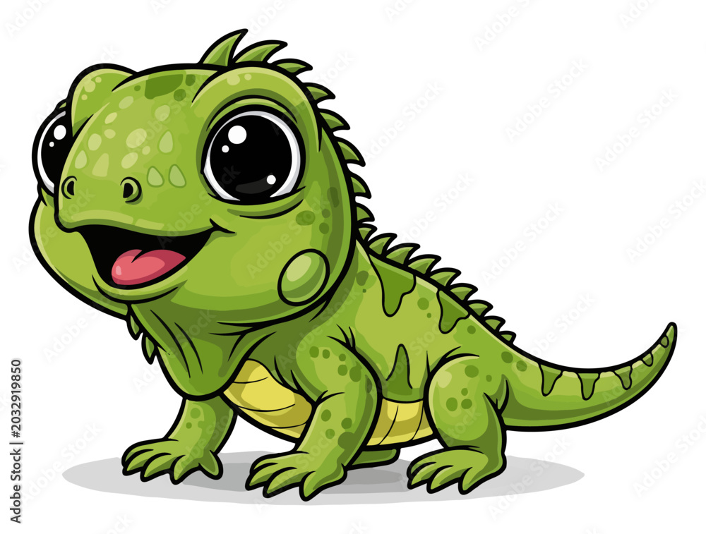 Fototapeta premium Iguana baby character with big eyes smiling in cute cartoon style